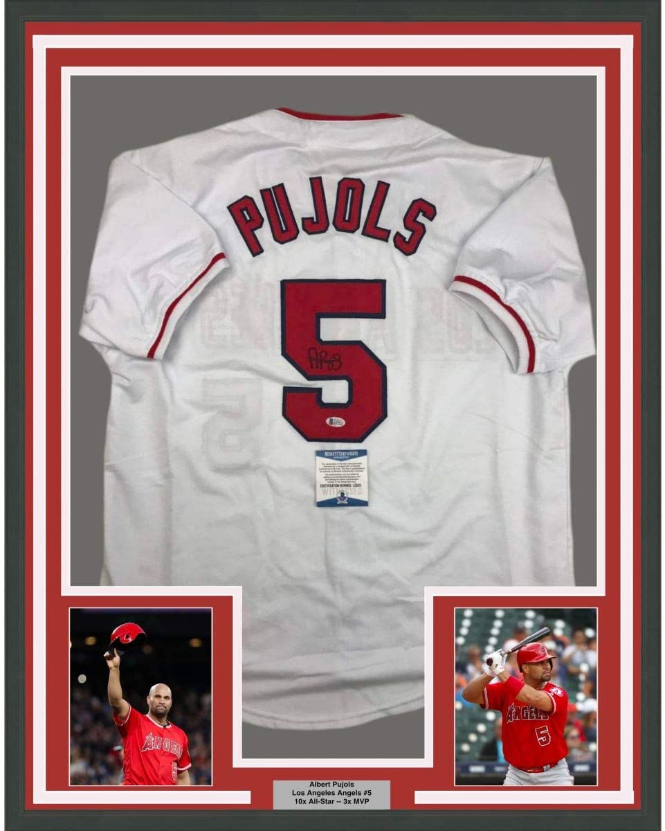Framed Autographed/Signed Albert Pujols 35x39 Los Angeles White Baseball Jersey Beckett BAS COA