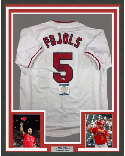 Framed Autographed/Signed Albert Pujols 35x39 Los Angeles White Baseball Jersey Beckett BAS COA