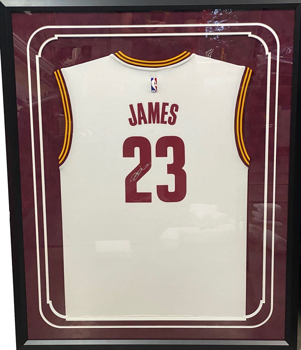 Framed Autographed/Signed LeBron James 35x39 Cleveland Cavaliers White Basketball Jersey PSA/DNA COA/LOA