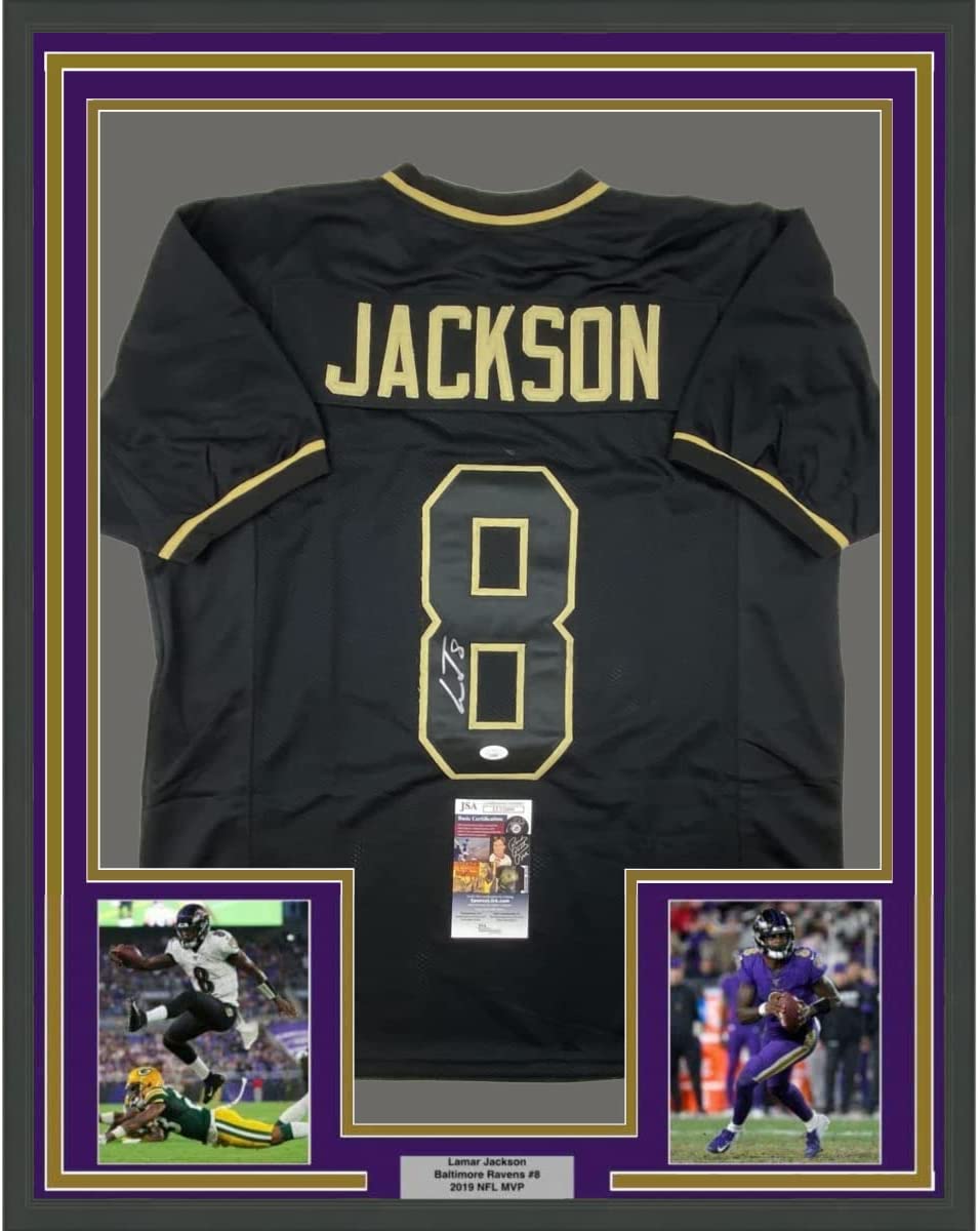 Framed Autographed/Signed Lamar Jackson 35x39 Baltimore Blackout Football Jersey JSA COA