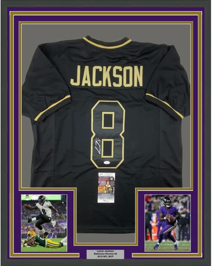 Framed Autographed/Signed Lamar Jackson 35x39 Baltimore Blackout Football Jersey JSA COA
