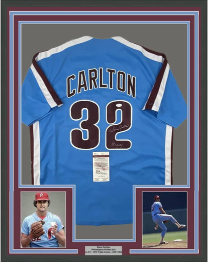 Framed Autographed/Signed Steve Carlton 35x39 Lefty Philadelphia Retro Blue Baseball Jersey JSA COA