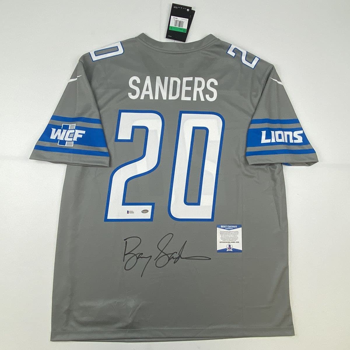 Autographed/Signed Barry Sanders Detroit Lions Grey Football Jersey Beckett BAS COA