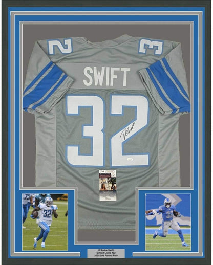 Framed Autographed/Signed D'Andre Swift 35x39 Detroit Grey Football Jersey JSA COA