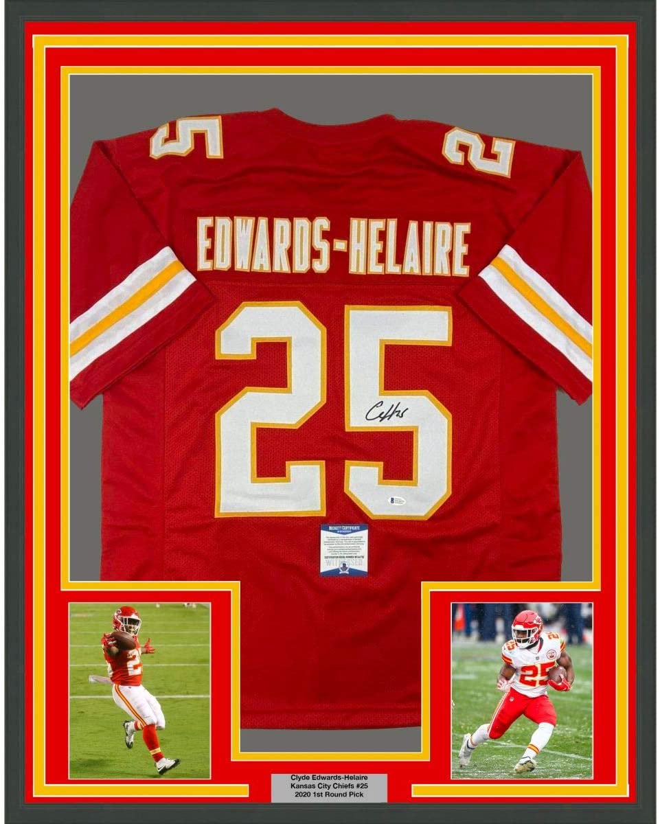Framed Autographed/Signed Clyde Edwards-Helaire 35x39 Kansas City Red Football Jersey Beckett BAS COA