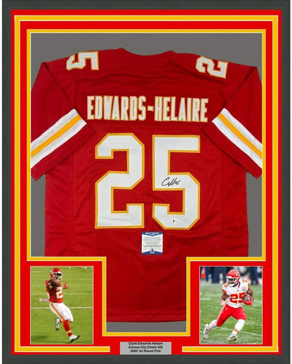 Framed Autographed/Signed Clyde Edwards-Helaire 35x39 Kansas City Red Football Jersey Beckett BAS COA