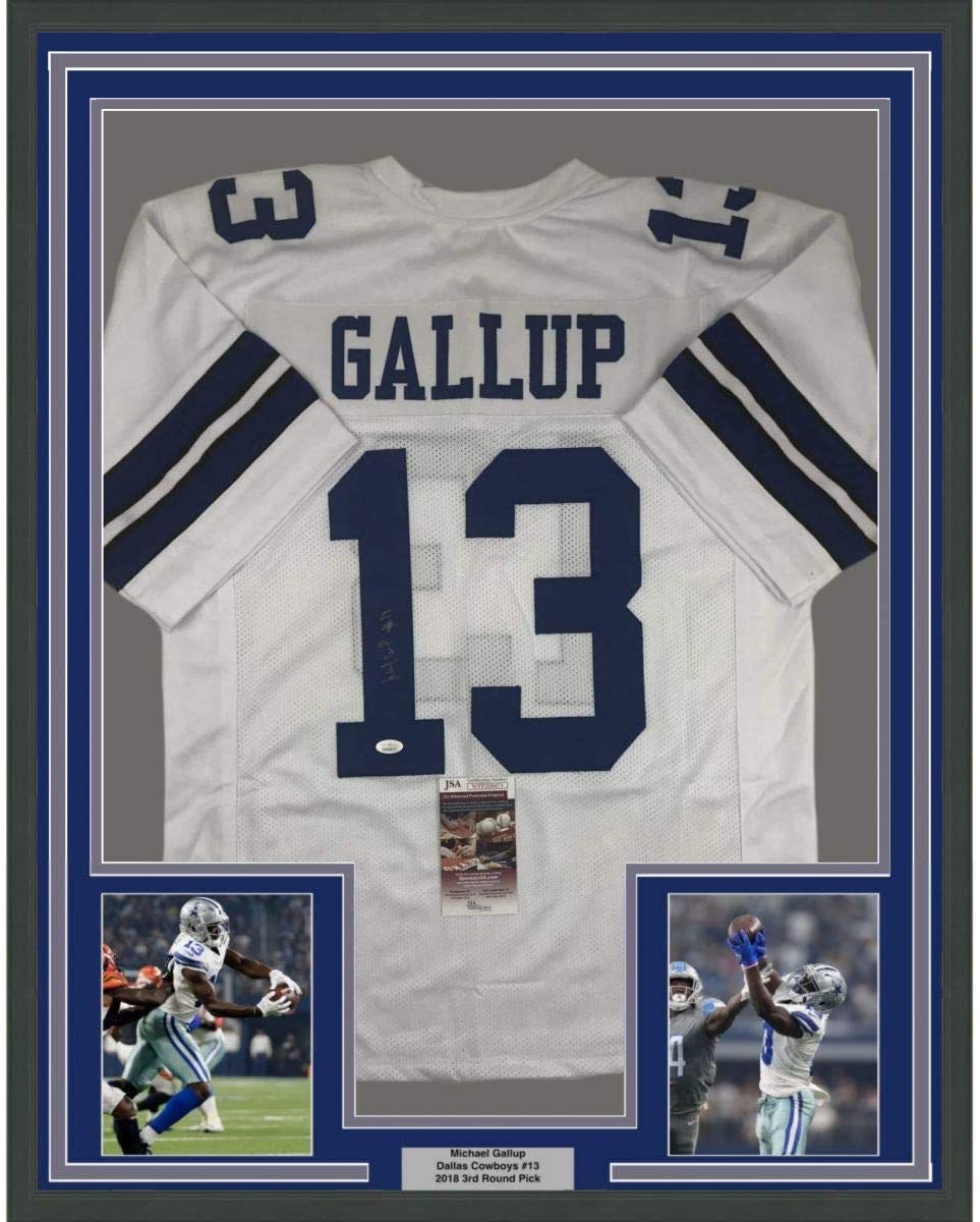 Framed Autographed/Signed Michael Gallup 35x39 Dallas White Football Jersey JSA COA