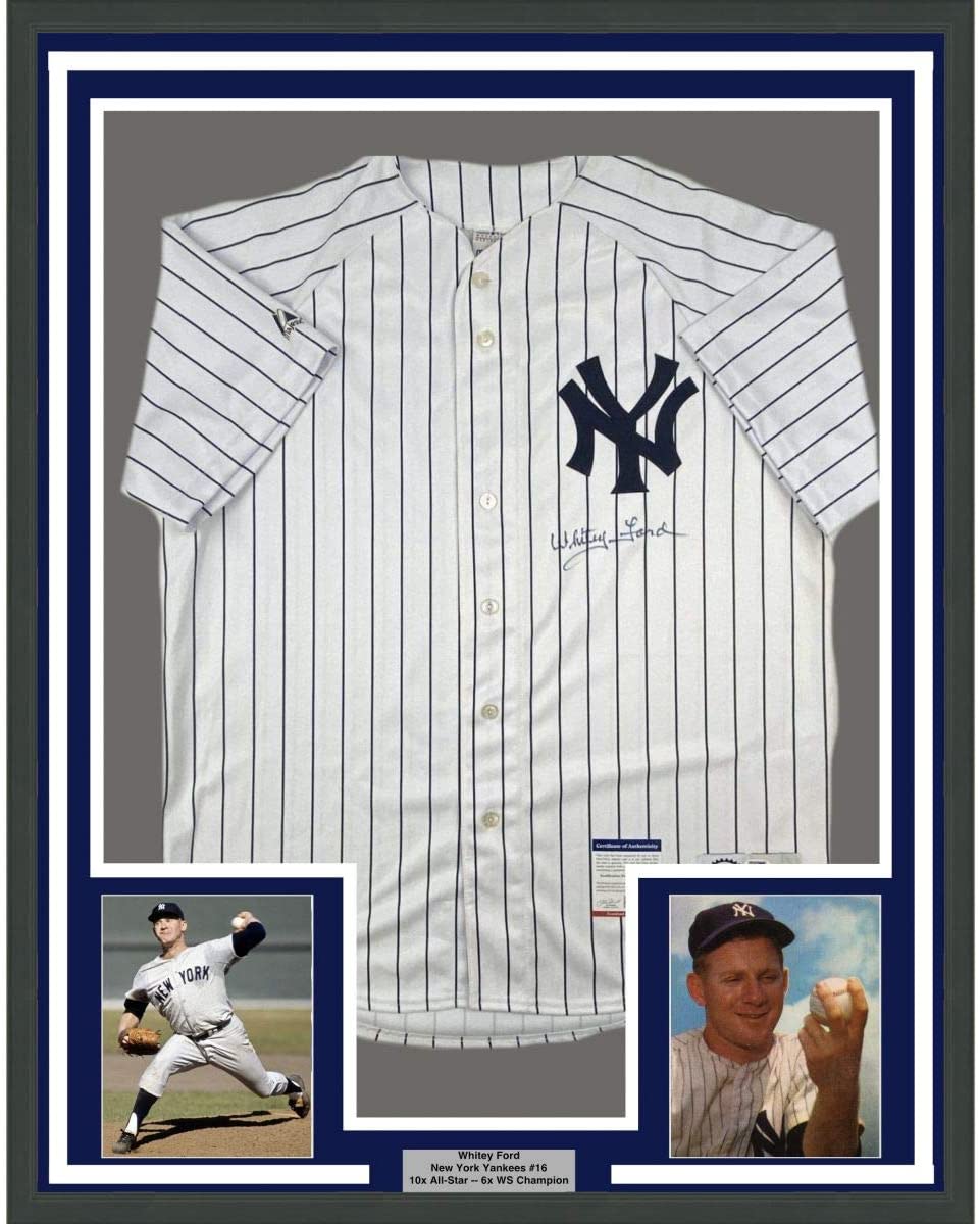 Framed Autographed/Signed Whitey Ford 35x39 New York Pinstripe Baseball Jersey PSA/DNA COA