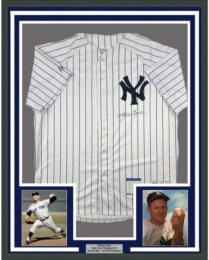 Framed Autographed/Signed Whitey Ford 35x39 New York Pinstripe Baseball Jersey PSA/DNA COA