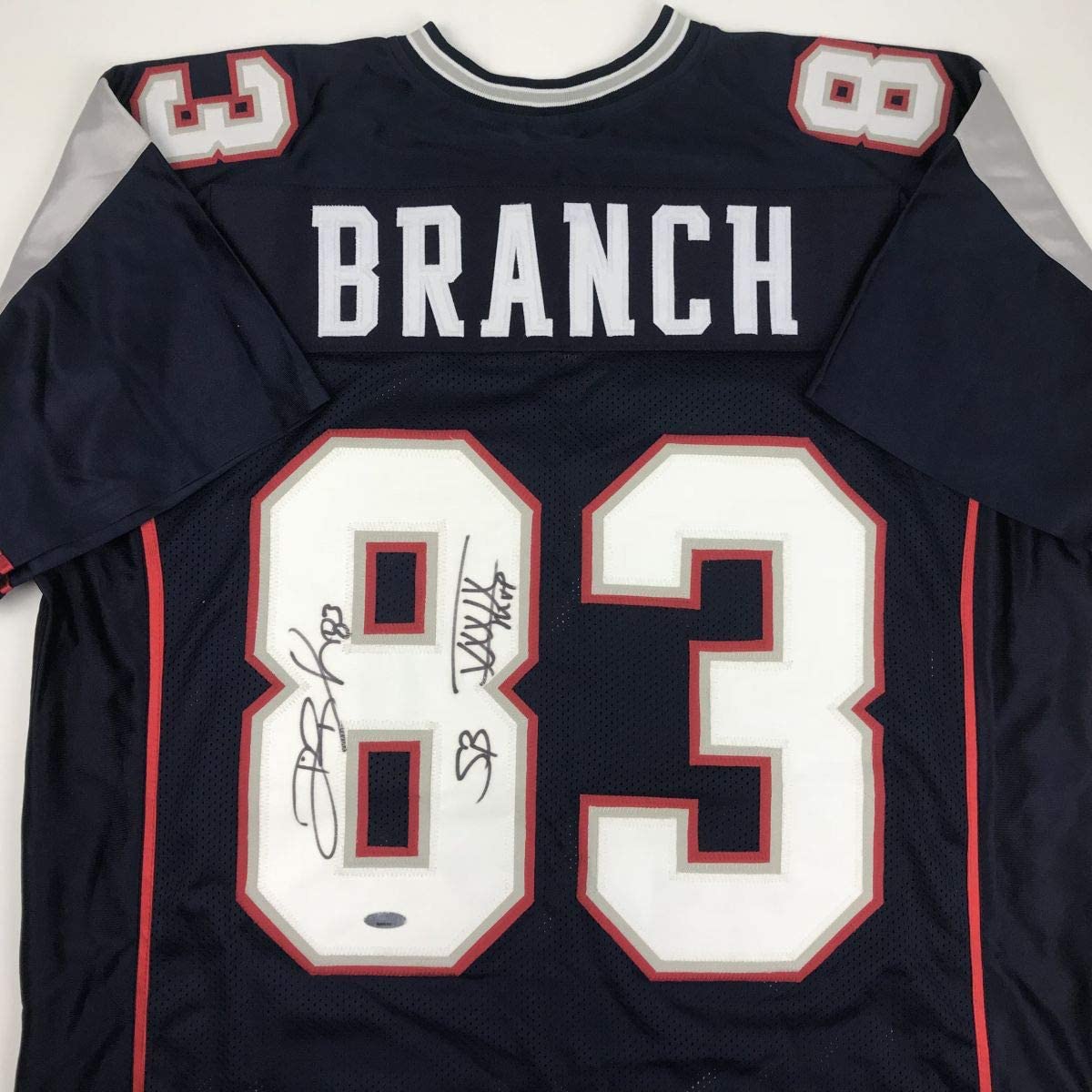 Autographed/Signed Deion Branch Super Bowl XXXIX MVP New England Blue Football Jersey Tristar COA