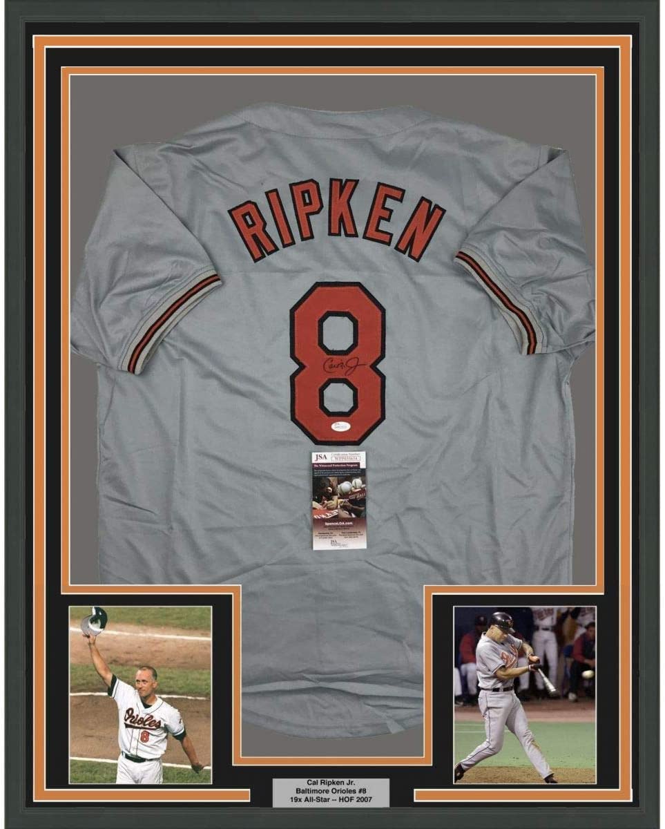 Framed Autographed/Signed Cal Ripken Jr. 35x39 Baltimore Grey Baseball Jersey JSA COA