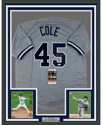Framed Autographed/Signed Gerrit Cole 35x39 New York Grey Baseball Jersey JSA COA