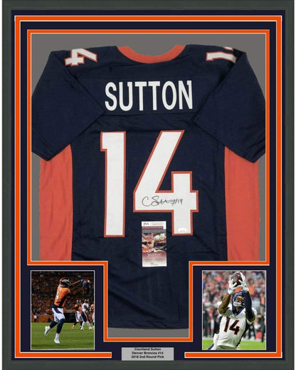 Framed Autographed/Signed Courtland Sutton 35x39 Denver Blue Football Jersey JSA COA
