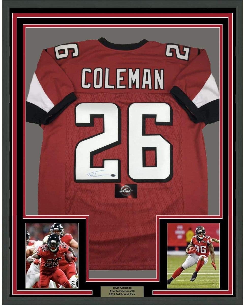 Framed Autographed/Signed Tevin Coleman 35x39 Atlanta Red Football Jersey Leaf Authentics COA