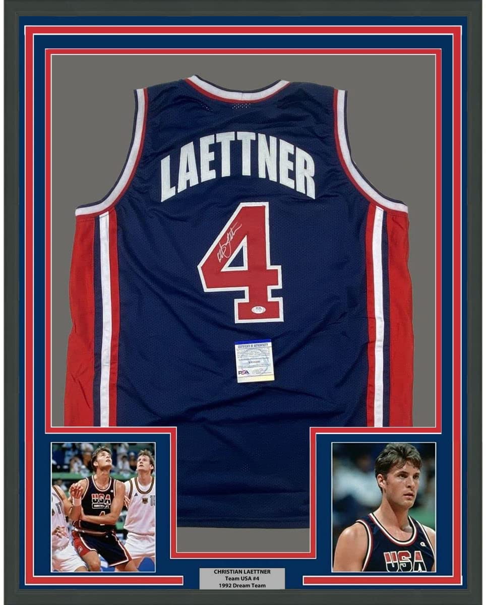 Framed Autographed/Signed Christian Laettner 35x39 Team USA United States Blue Basketball Jersey JSA COA
