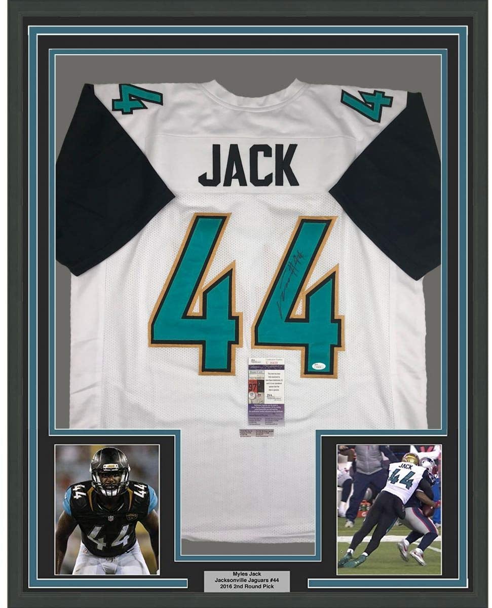 Framed Autographed/Signed Myles Jack 35x39 Jacksonville Retro White Football Jersey JSA COA
