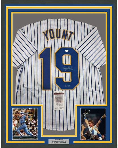 Framed Autographed/Signed Robin Yount HOF 97 35x39 Milwaukee Pinstripe Baseball Jersey JSA COA