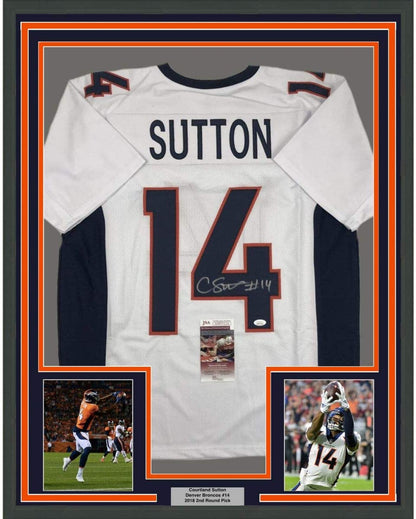 Framed Autographed/Signed Courtland Sutton 35x39 Denver White Football Jersey JSA COA