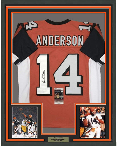Framed Autographed/Signed Ken Anderson 35x39 Cincinnati Orange Football Jersey JSA COA
