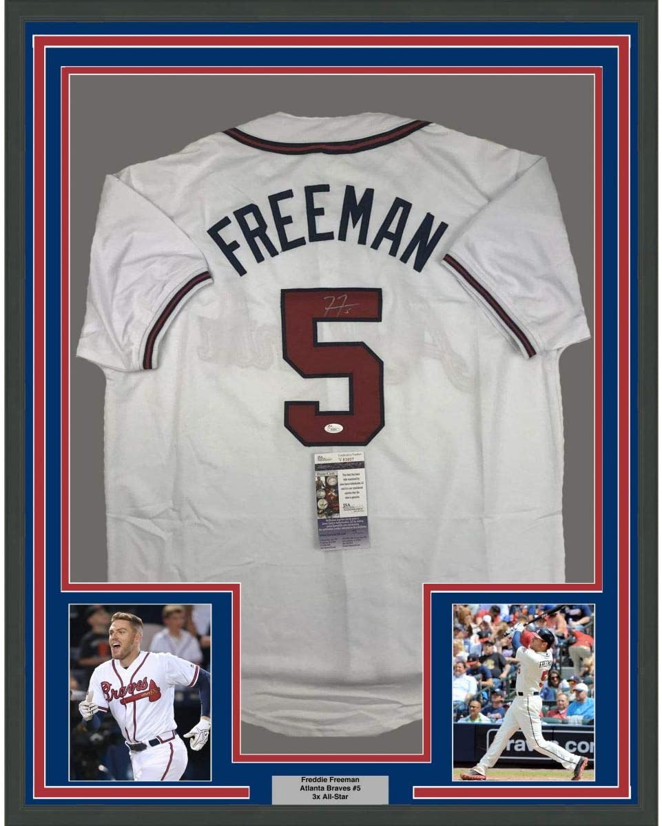 Framed Autographed/Signed Freddie Freeman 35x39 Atlanta White Baseball Jersey JSA COA