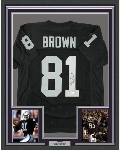 Framed Autographed/Signed Tim Brown 35x39 Oakland Black Football Jersey JSA COA Holo Only