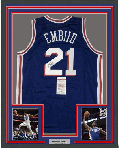 Framed Autographed/Signed Joel Embiid 35x39 Philadelphia Blue Basketball Jersey JSA COA