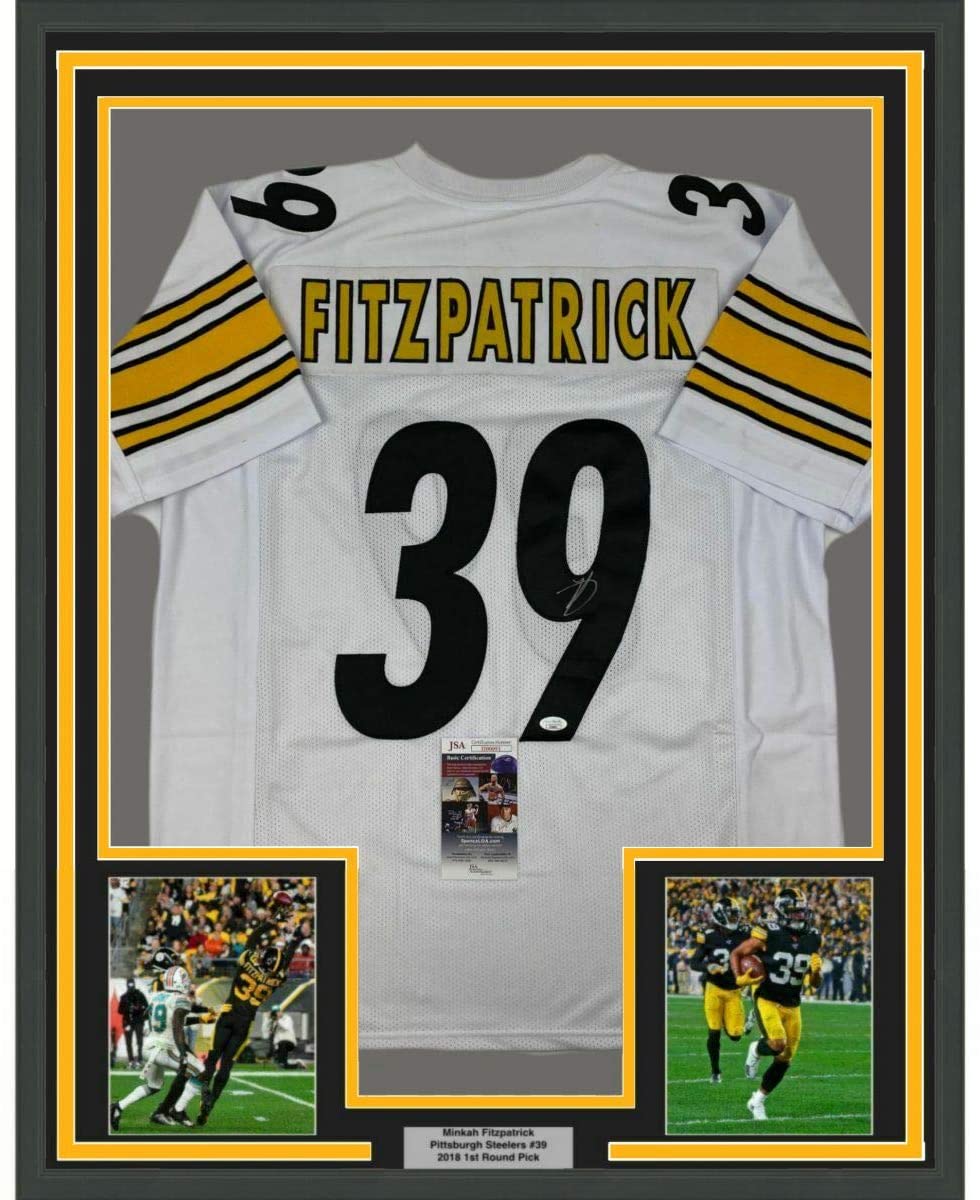 Framed Autographed/Signed Minkah Fitzpatrick 35x39 Pittsburgh White Football Jersey JSA COA