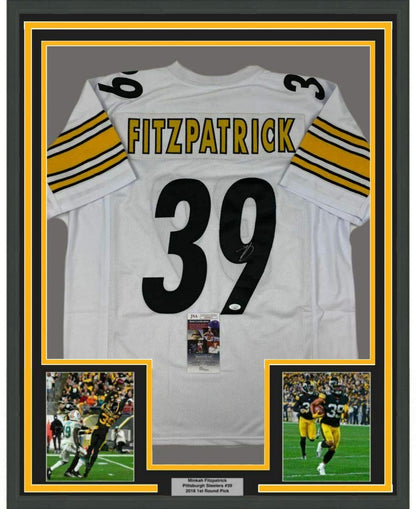 Framed Autographed/Signed Minkah Fitzpatrick 35x39 Pittsburgh White Football Jersey JSA COA
