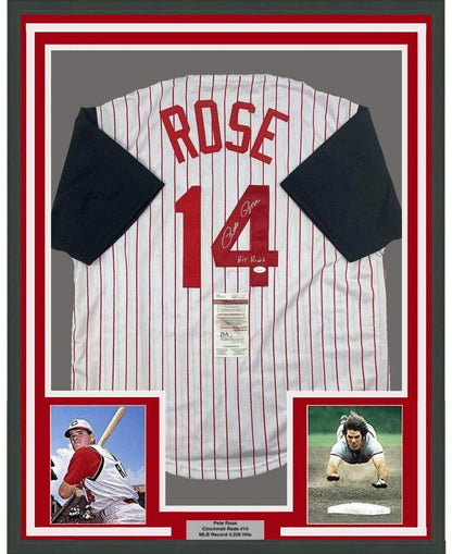 Framed Autographed/Signed Pete Rose Hit King 35x39 Cincinnati Pinstripe Baseball Jersey JSA COA
