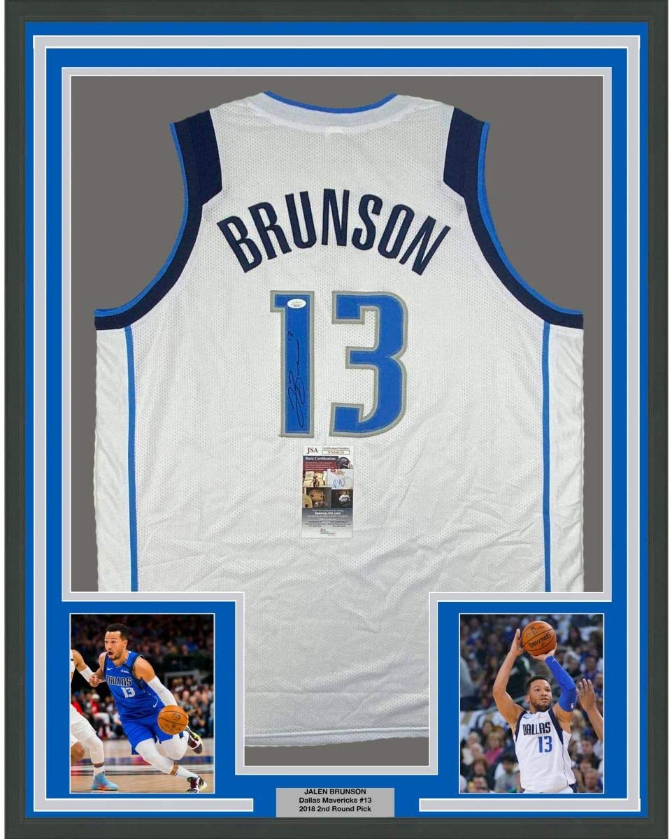 Framed Autographed/Signed Jalen Brunson 35x39 Dallas White Basketball Jersey JSA COA