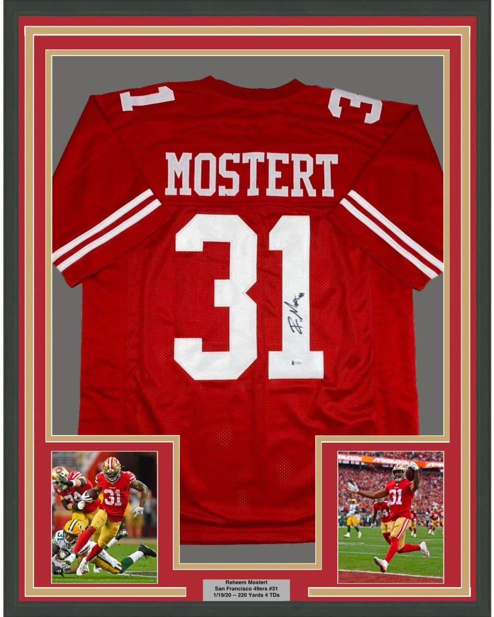 Framed Autographed/Signed Raheem Mostert 35x39 San Francisco Red Football Jersey JSA COA