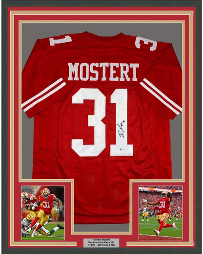 Framed Autographed/Signed Raheem Mostert 35x39 San Francisco Red Football Jersey JSA COA
