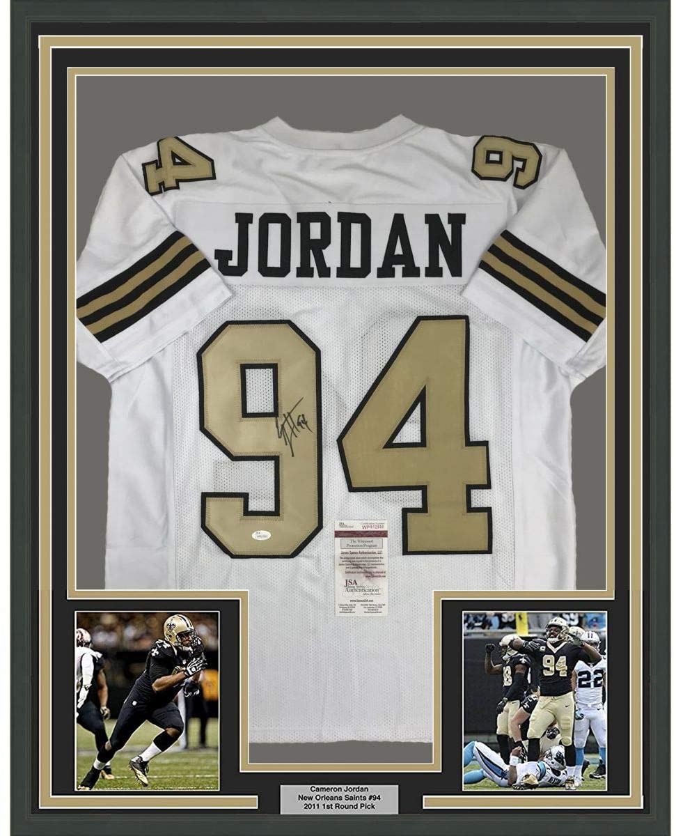 Framed Autographed/Signed Cameron Cam Jordan 35x39 New Orleans Saints Color Rush Football Jersey JSA COA