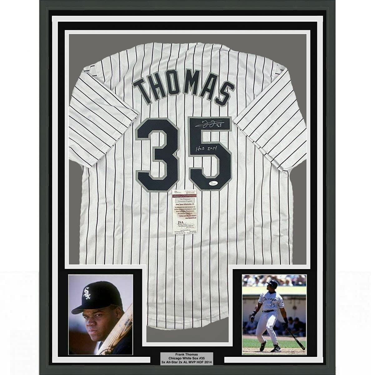 Framed Autographed/Signed Frank Thomas HOF 2014 35x39 Chicago Pinstripe Baseball Jersey JSA COA