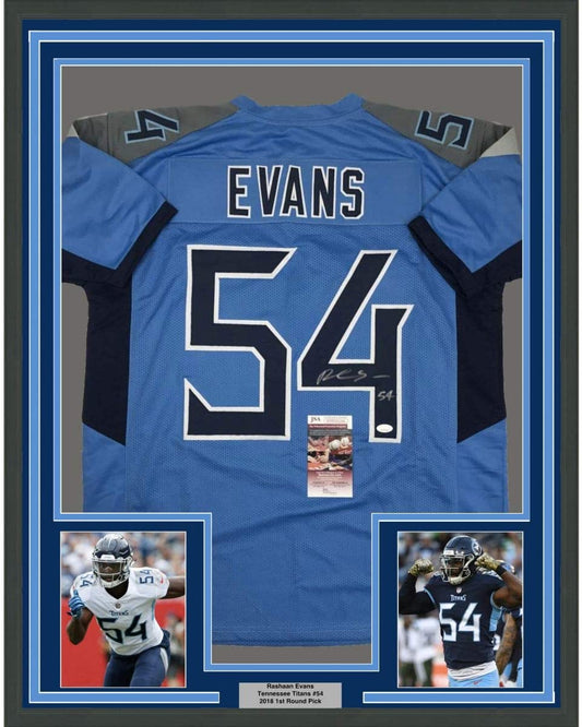 Framed Autographed/Signed Rashaan Evans 35x39 Tennessee Light Blue Football Jersey JSA COA