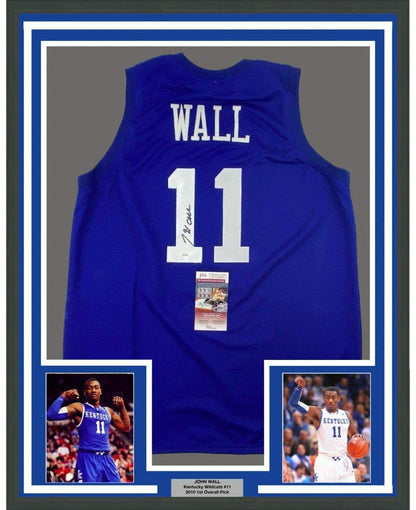 Framed Autographed/Signed John Wall 35x39 Kentucky Blue College Basketball Jersey JSA COA