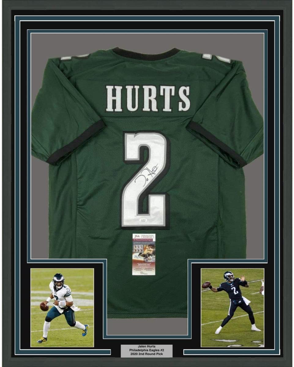 Framed Autographed/Signed Jalen Hurts 35x39 Philadelphia Green Football Jersey JSA COA