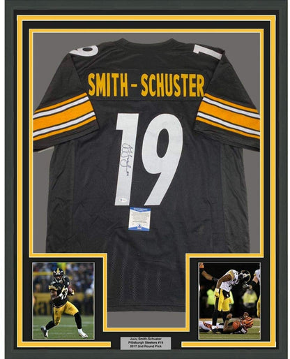 Framed Autographed/Signed JuJu Smith-Schuster 35x39 Pittsburgh Black Football Jersey Beckett BAS COA