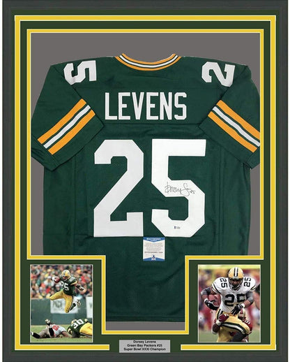 Framed Autographed/Signed Dorsey Levens 35x39 Green Bay Packers Green Football Jersey JSA COA