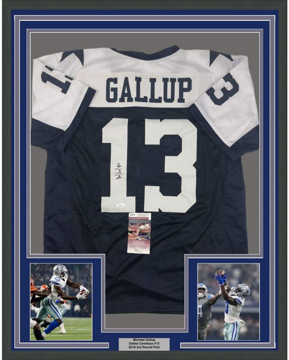 Framed Autographed/Signed Michael Gallup 35x39 Dallas Thanksgiving Day Football Jersey JSA COA
