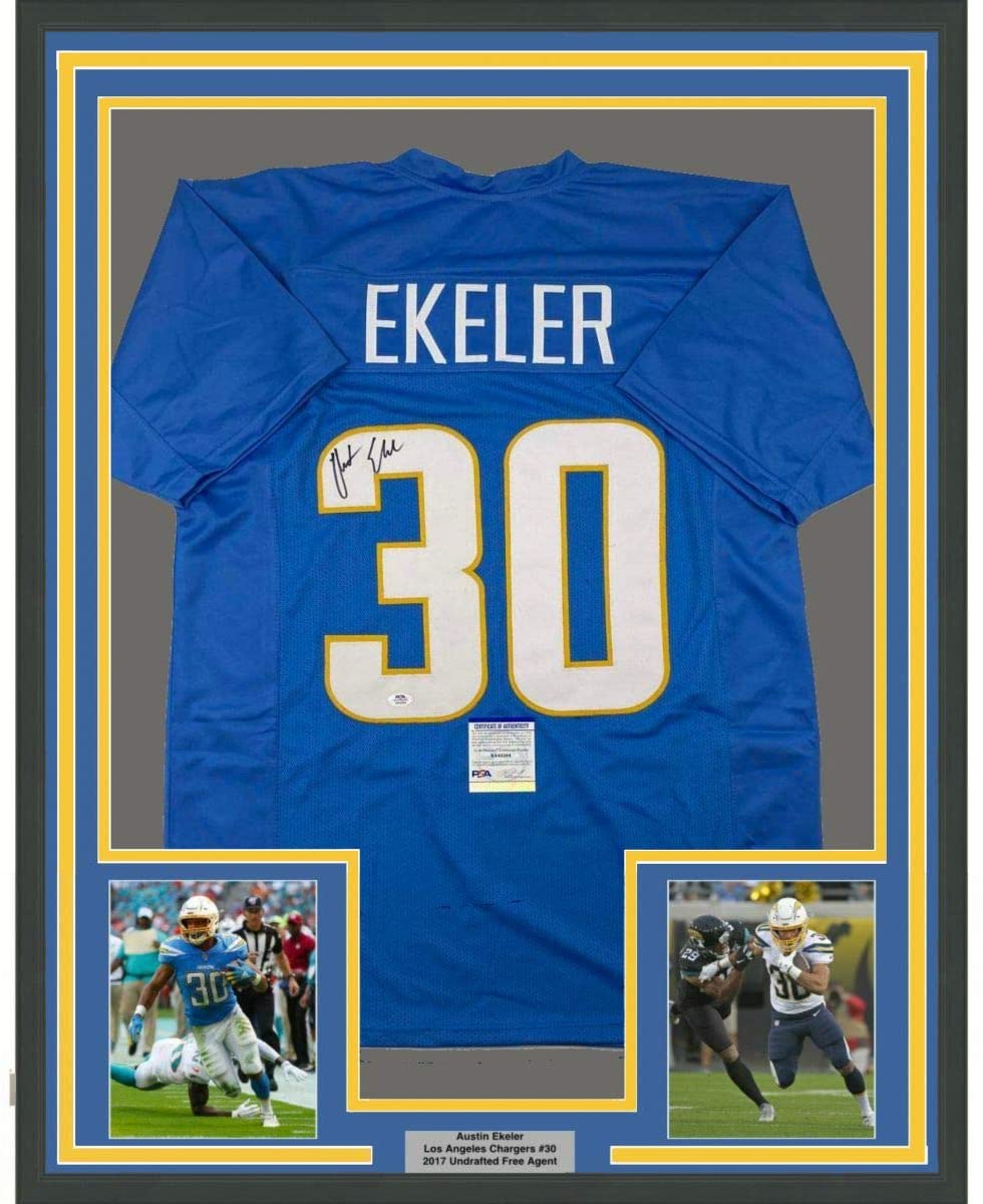 Framed Autographed/Signed Austin Ekeler 35x39 Los Angeles LA Powder Blue Football Jersey PSA/DNA COA