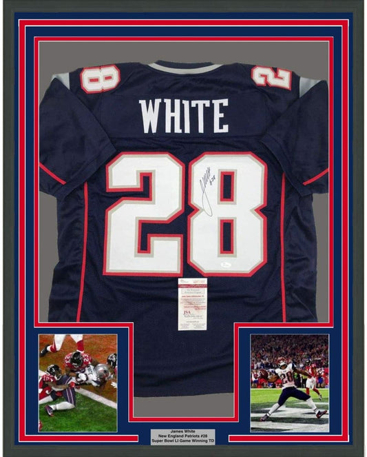 Framed Autographed/Signed James White 35x39 New England Blue Football Jersey JSA COA