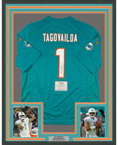 Framed Autographed/Signed Tua Tagovailoa 35x39 Miami Dolphins Authentic Teal Nike Game Football Jersey Fanatics COA