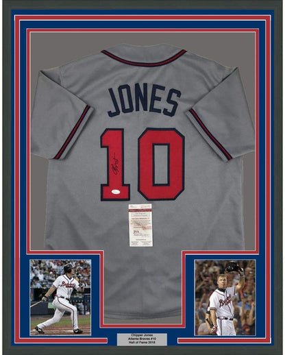 Framed Autographed/Signed Chipper Jones 35x39 Atlanta Grey Baseball Jersey JSA COA