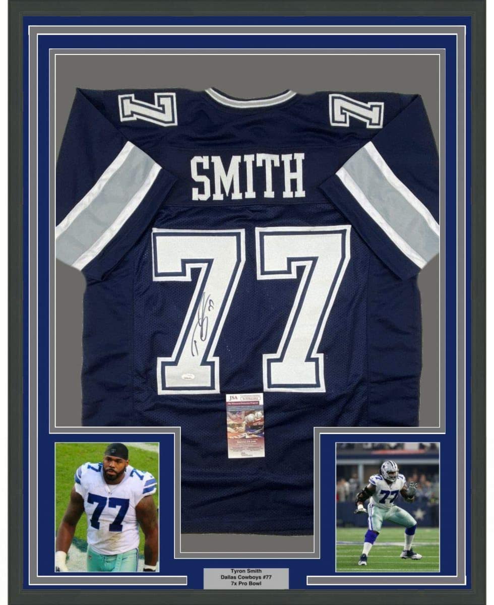 Framed Autographed/Signed Tyron Smith 35x39 Dallas Blue Football Jersey JSA COA