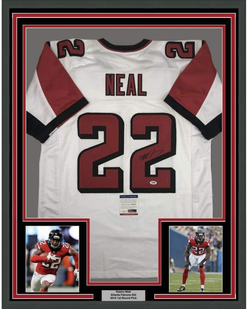 Framed Autographed/Signed Keanu Neal 35x39 Atlanta White Football Jersey PSA/DNA COA