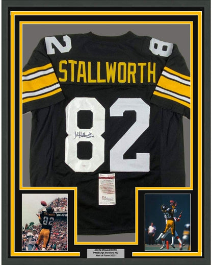 Framed Autographed/Signed John Stallworth HOF 02 35x39 Pittsburgh Black Football Jersey JSA COA