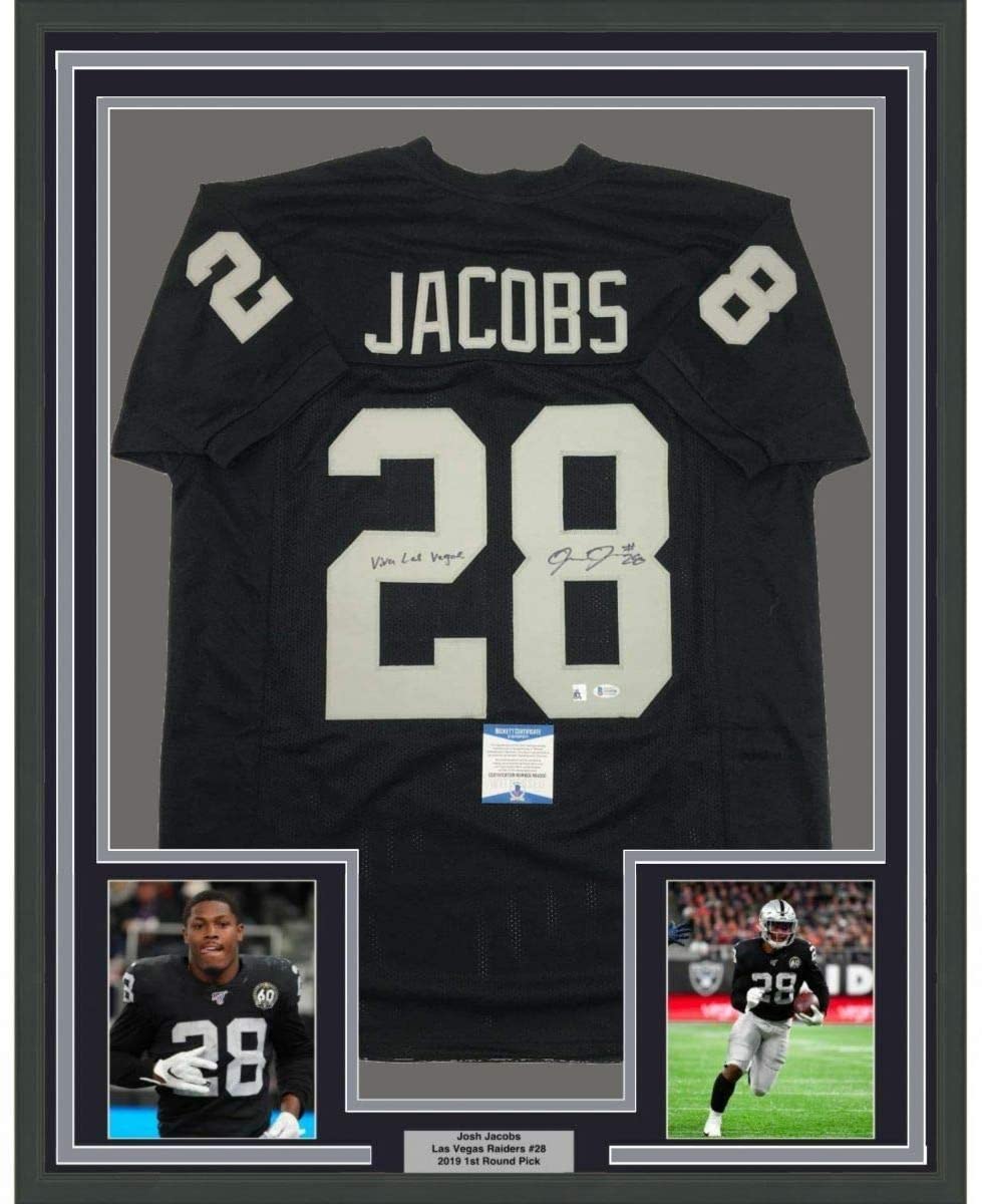 Framed Autographed/Signed Josh Jacobs Viva 35x39 Las Vegas Oakland Black Football Jersey Beckett BAS COA