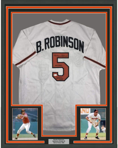 Framed Autographed/Signed Brooks Robinson 1970 WS MVP HOF 1983 35x39 Baltimore White Baseball Jersey JSA COA Holo