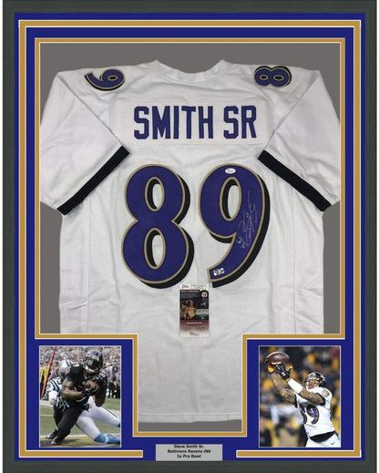 Framed Autographed/Signed Steve Smith Sr. 35x39 Baltimore White Football Jersey JSA COA